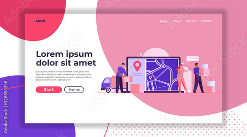 Online order delivery. Courier unloading van, carrying boxes near city map with pointer flat vector illustration. Shipment, logistics, service concept for banner, website design or landing web page