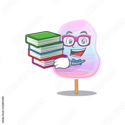 mascot cartoon of rainbow cotton candy studying with book