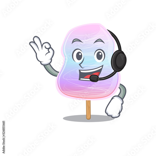 Happy rainbow cotton candy mascot design style wearing headphone