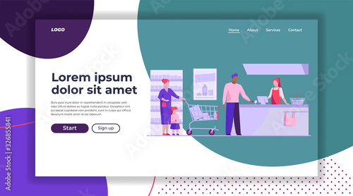 Queue at checkout in supermarket. Customers, cashier, check register flat vector illustration. Shopping, grocery store, payment concept for banner, website design or landing web page