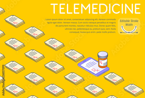 Telemedicine and medicine 3d line isometric template. A lot of paper Rx prescriptions, one on a phone screen, orange pill bottle on a smartphone. Horizontal layout vector concept illustration. 