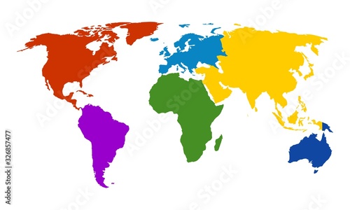 World Continent Map With Different Colors For Each Continent Vector Isolated on White Background