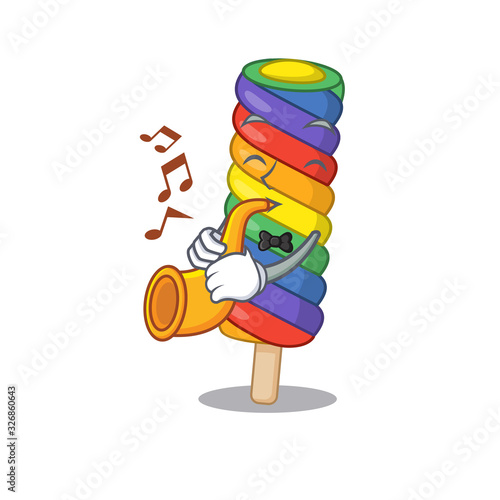 mascot design concept of rainbow ice cream playing a trumpet