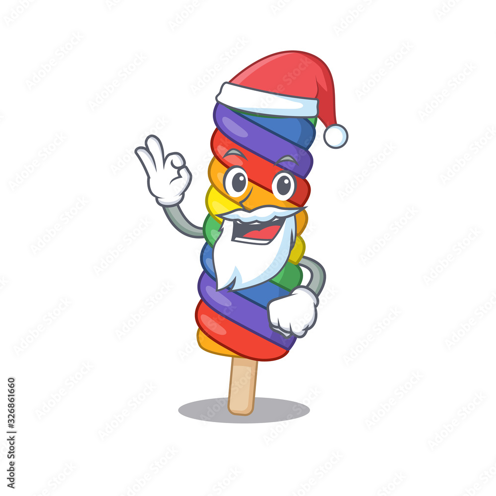 Rainbow ice cream in Santa cartoon character style with ok finger Rainbow ice cream in Santa cartoon character style with ok finger