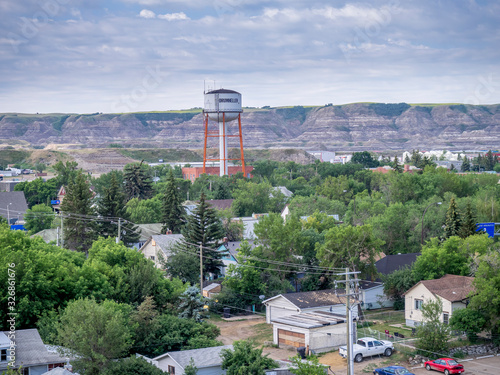 View of Drumheller's skyline from the mouth of the world's largest T-rex.