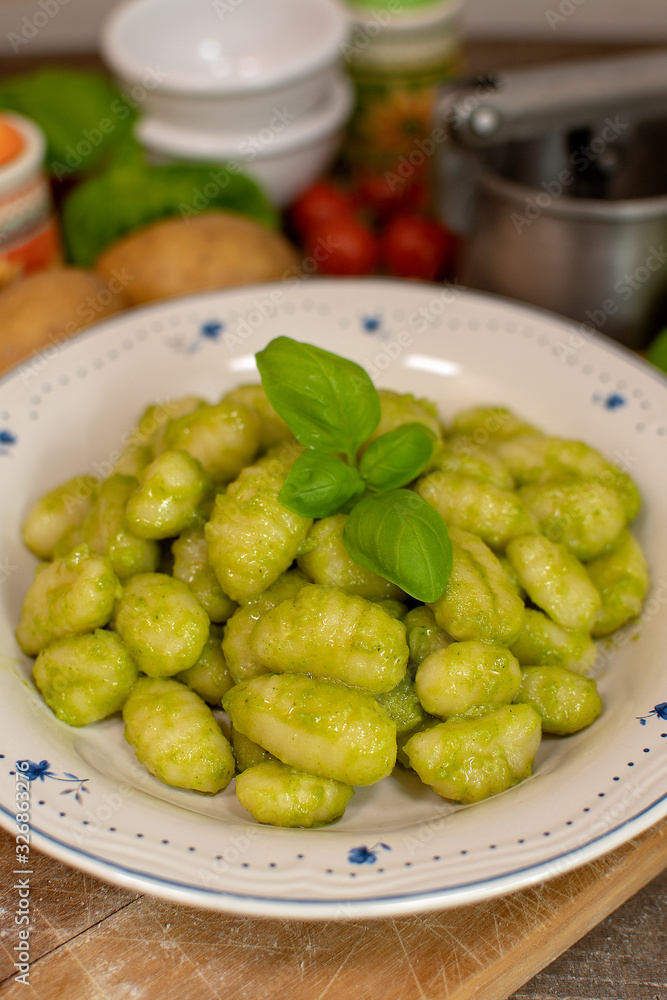 Homemade Gnocchi with Basil Pesto Sauce.