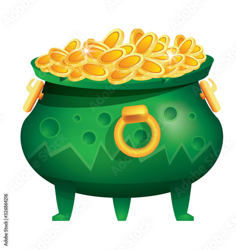 Pot of Gold Coins Isolated on White Background. Green Cauldron with Dents.