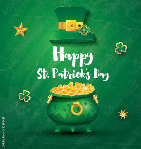 Saint Patricks Day Festive Banner with Pot Filled Golden Coins, Green Top Hat and Shamrock.