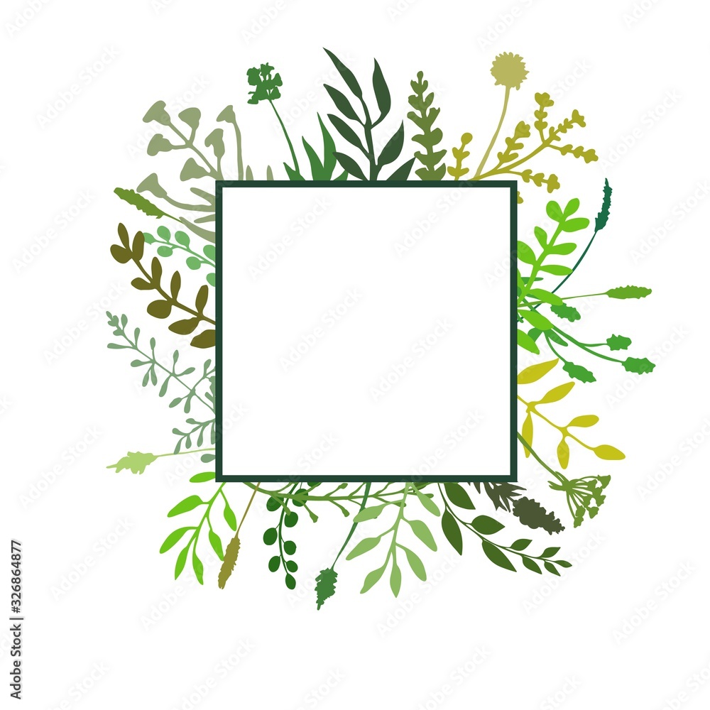 Square floral frame great to place any text, quote or logo. Border made of hand drawn greenery, flowers, twigs, herbs. Square banner design great for spring or summer rustic theme. Vector