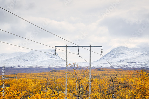 Power lines passing through Abisko national park in north Sweden..