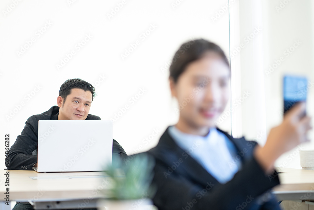 businessman boss leader looking teammate in office from backside businessman boss leader looking teammate in office from backside