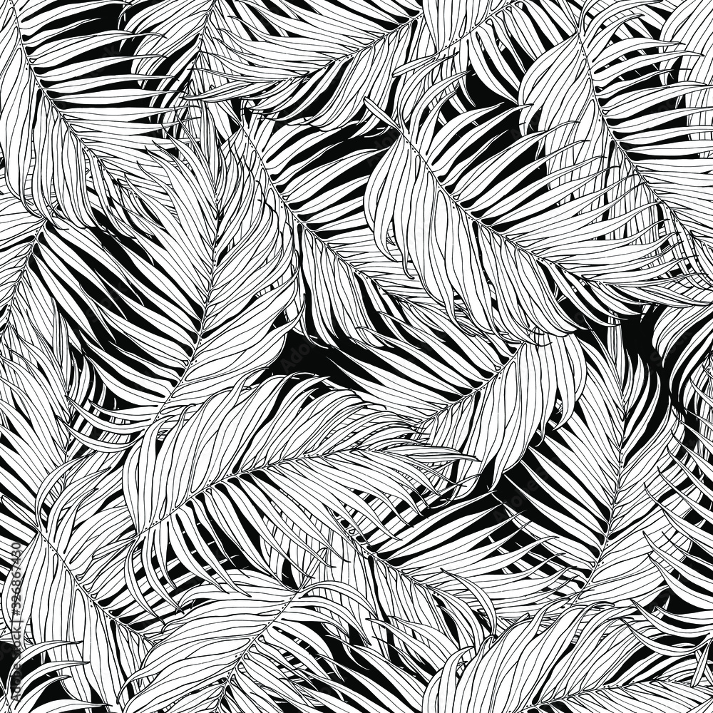 Floral seamless pattern, green palm leaves on a pale pink background. Floral seamless pattern, green palm leaves on a pale pink background.