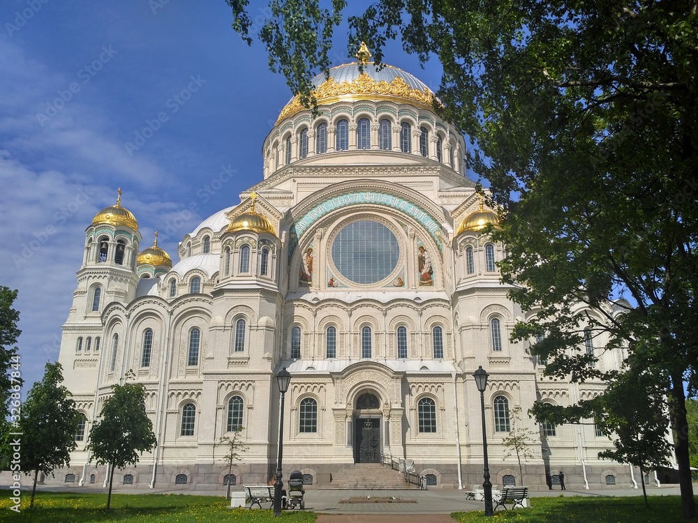 Krondshtat Naval Cathedral in spring, against the blue sky