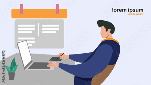 Men with laptops fill up calendar schedules and complete business assignments for work.  The concept of male employee character planning on devices at work.  Vector illustration.