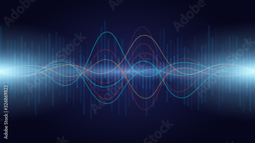 colorful sound wave audio spectrum line on dark background , vector illustration .
