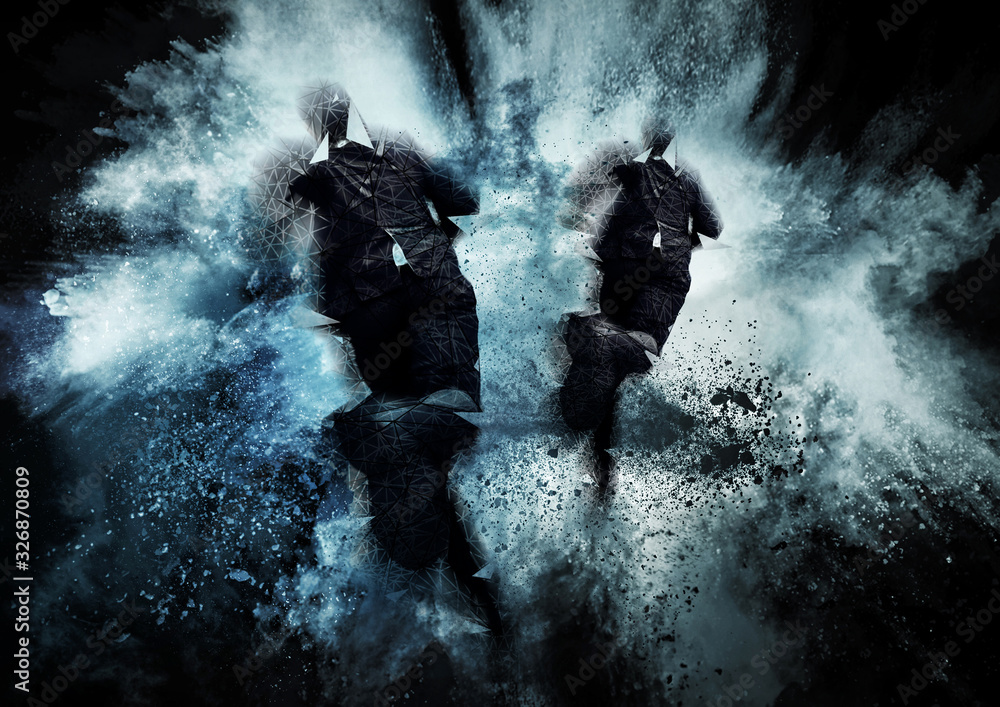 Obraz premium ビジネスの挑戦の概念で爆発に飛び込むビジネスマン