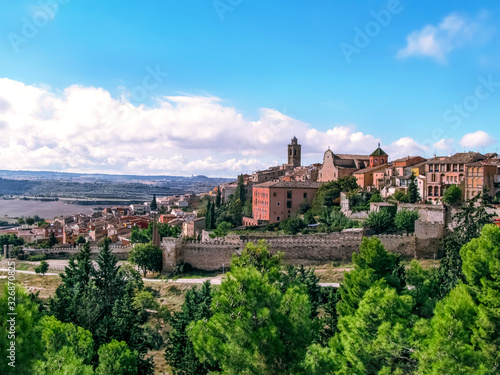 Panorama of the valley with the medieval town of Cervera on a hill (Catalonia, Spain). Beautiful spanish landscape in autumn sunny day