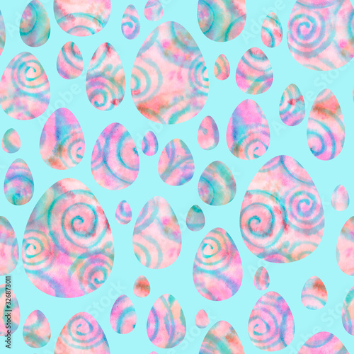 Watercolor pink eggs on turquoise background. Bright Easter seamless pattern. Hand-painted texture with spiral, splashes, drops, gradients. Watercolor stock illustration. Happy Easter day.