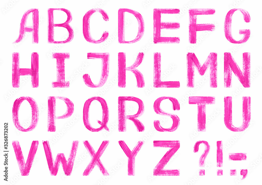 Latin alphabet with pinkl letters. Hand-painted illustration. English alphabet. Isolated on white background. pink-fuchsia textured font. Peeling paint texture. Gouache, oil or acrylic technique.
