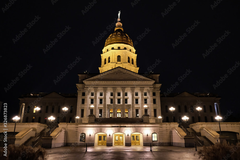 Kansas state capitol building outdoor night view