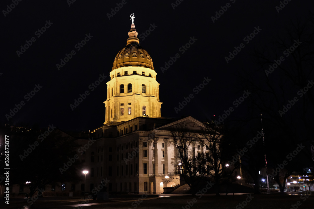 Kansas state capitol building outdoor night view