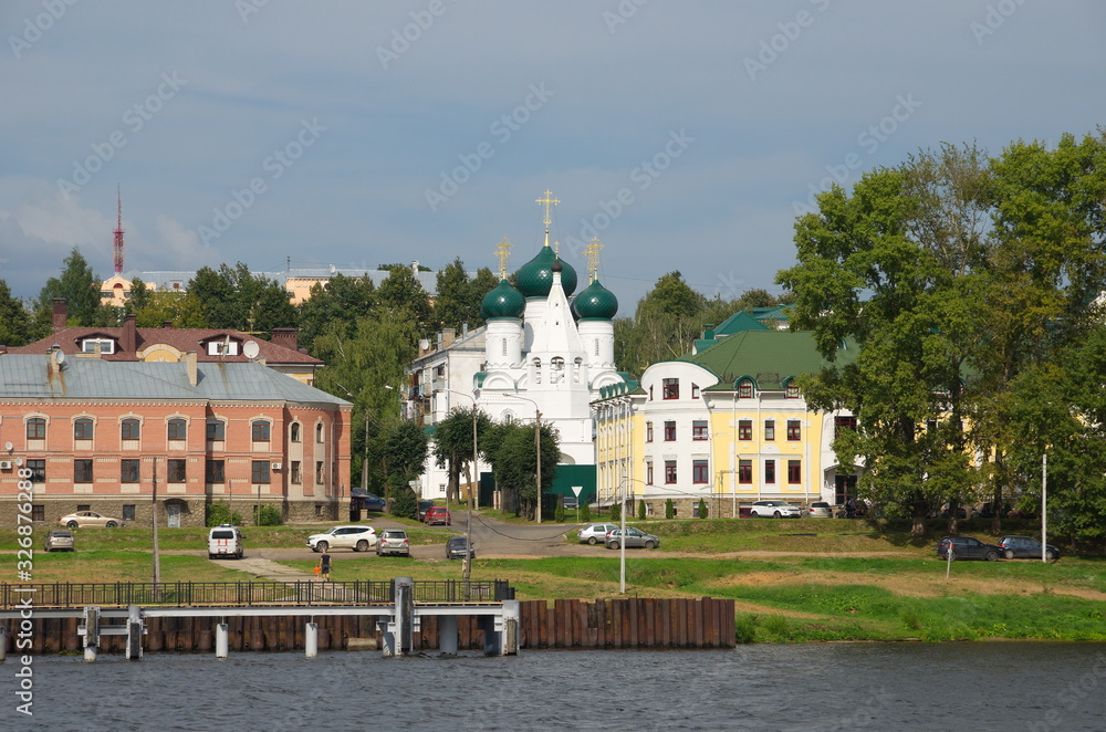 Summer view of the Volga river embankment from the water. Kostroma, Russia