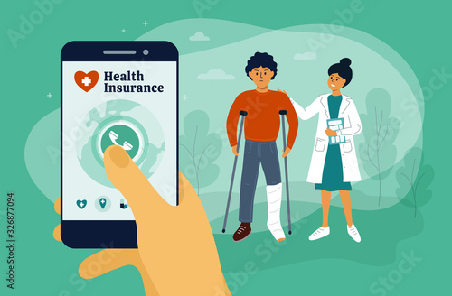 Health insurance concept with ill man, medical specialist or nurse. Mobile app with help button. Smartphone with healthcare service in hand. Man with broken leg. Call to hospital. Vector illustration.
