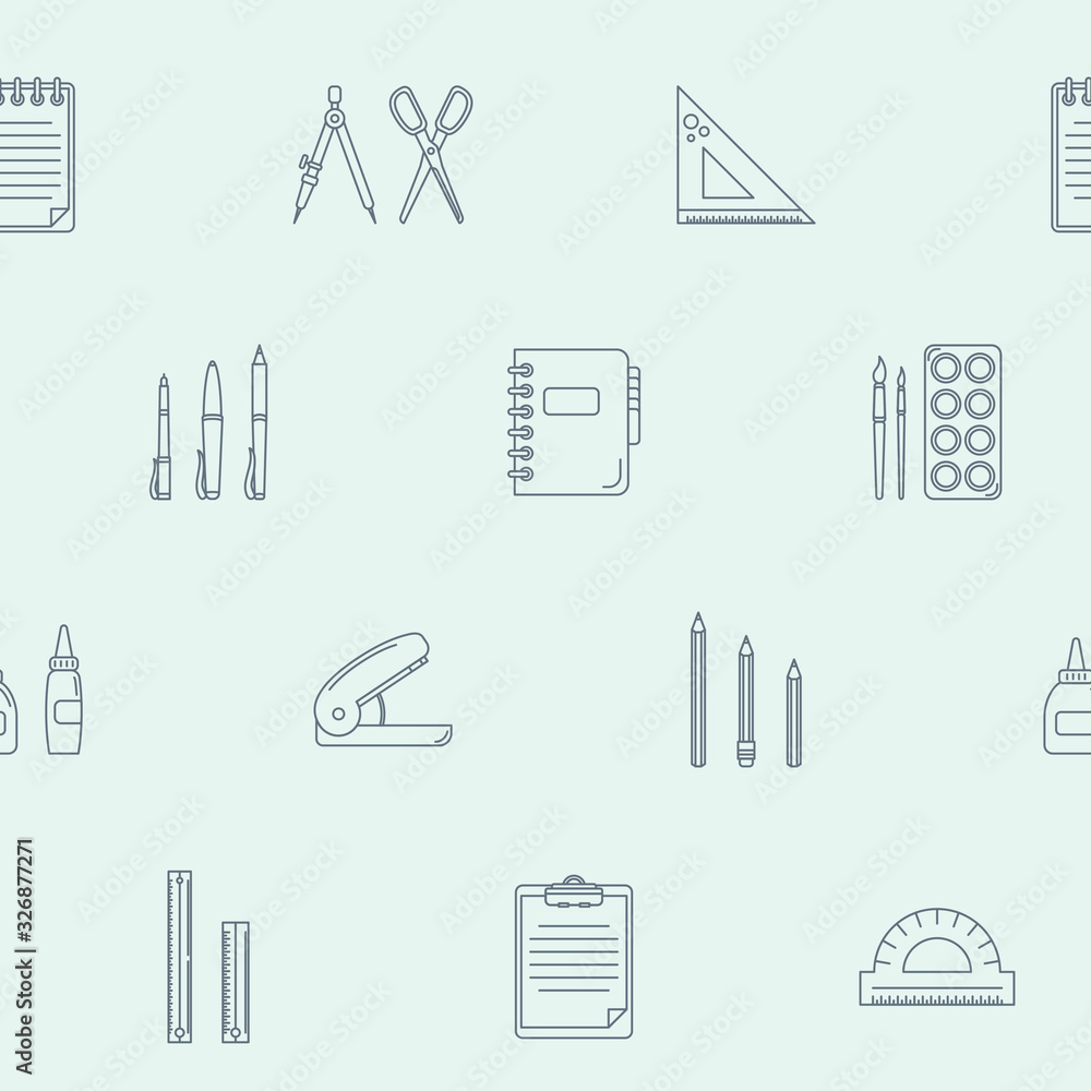 Stationery - Vector background (seamless pattern) of pencil, pen, ruler, scissors, eraser, marker, paintbrush, glue for graphic design Stationery - Vector background (seamless pattern) of pencil, pen, ruler, scissors, eraser, marker, paintbrush, glue for graphic design