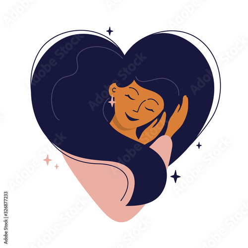 Cute girl with heart shaped hair hugs herself. Self care, love yourself or sweet dreams icon. Happy woman, time for your self, healthcare or skincare concept. Vector illustration for postcard, cards.