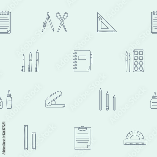 Stationery - Vector background (seamless pattern) of pencil, pen, ruler, scissors, eraser, marker, paintbrush, glue for graphic design