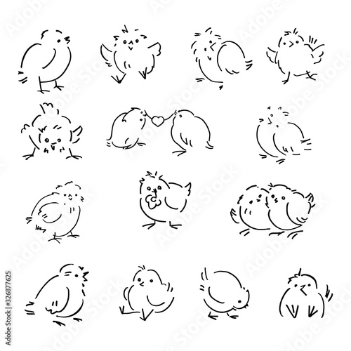 A set of chickens. Vector illustration in line art style. Drawn by hand. On white background.