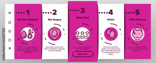 Moisture Water Drop Onboarding Icons Set Vector. Moisture Diaper Air Conditioner, Phone Protection And Rainy Cloud Illustrations