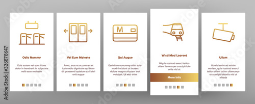 Metro Underground Onboarding Icons Set Vector. Metro Train And Equipment, Ticket And Card, Door And Video Camera, Escalator And Turnstile Illustrations