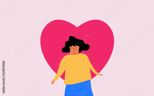 Vector illustration with young woman with pink heart. Love who you are and love yourself concept art. Body positive  psychology health print design