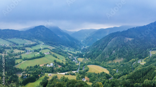 Beautiful panoramic view on hills and mountains near Annaberg town in the district Lilienfeld, Lower Austria.
