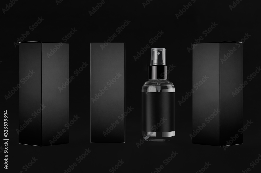 Luxury black mock up for design of packing cosmetics product - small transparent spray bottles, label, paper boxes sides, dark backdrop. Luxury black mock up for design of packing cosmetics product - small transparent spray bottles, label, paper boxes sides, dark backdrop.
