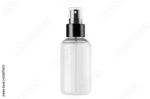 Spray bottle for cosmetics product with transparent liquid isolated on white background, mock up for branding, advertising, presentation, design.