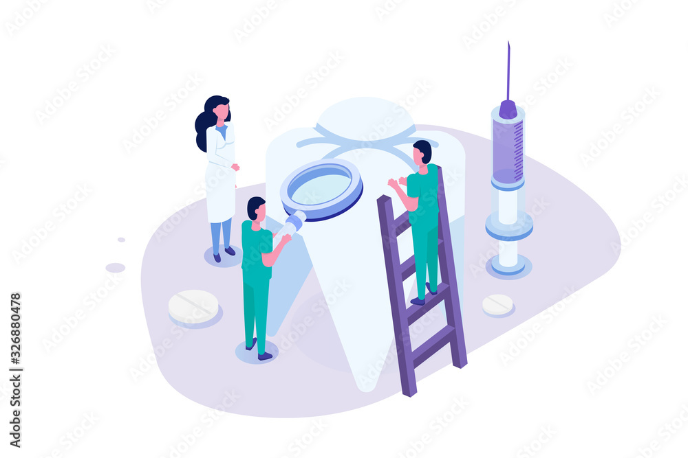 Dentist doctor. Stomatology, Oral Surgery, Dentist appointment concept. Medic protect teeth. Vector isometric illustration for poster, flyer, banner. Dentist doctor. Stomatology, Oral Surgery, Dentist appointment concept. Medic protect teeth. Vector isometric illustration for poster, flyer, banner.