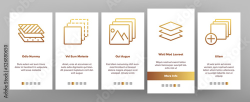 Layer Protect Material Onboarding Icons Set Vector. Coating And Cover, Thickness And Stratum Layer, Picture And Padlock Illustrations
