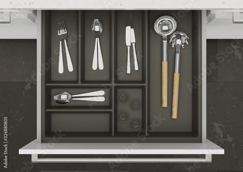 Open kitchen drawer with cooking utensils. Storage and organization of the kitchen. 3d rendering.