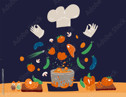 Vector cartoon cute concept of Professional Cooking for small restaurants and home cook. White Hat and gloves with vegetables, meat - ingredients for soup - cook vector concept.