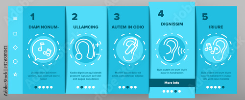 Hear Sound Aid Tool Onboarding Icons Set Vector. Hear Music Earphones And Dynamic, Hearing Device And Volume Button Illustrations