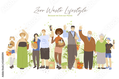Group of happy joyful people holding zero waste products in hands - bags, kitchen and beauty produts, and showing OK sign. Zero Waste Lifestyle concept with group of people