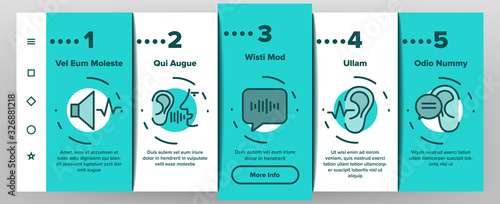 Hear Sound Aid Tool Onboarding Icons Set Vector. Hear Music Earphones And Dynamic, Hearing Device And Volume Button Illustrations