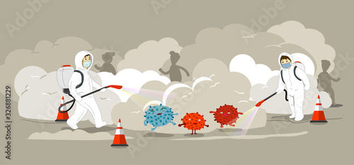 Men in bioharzard suit spraying cloud of disinfectant in the street, multi-color virus characters trapped in the middle, chaotic outbreaking scene