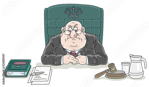 Angry judge sitting at his desk with a gavel and documents at judicial hearing in court of law, vector cartoon illustration