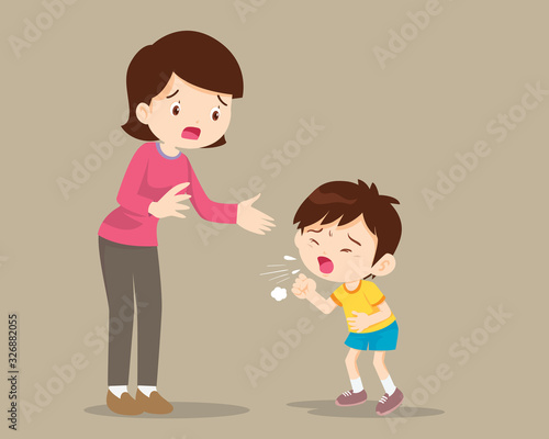 Mother and Sick boy coughing hard