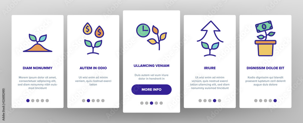 Growing Money Plant Onboarding Icons Set Vector. Growing Leaves Tree With Banknote And Graphic Arrow, Hands Holding Branch Illustrations