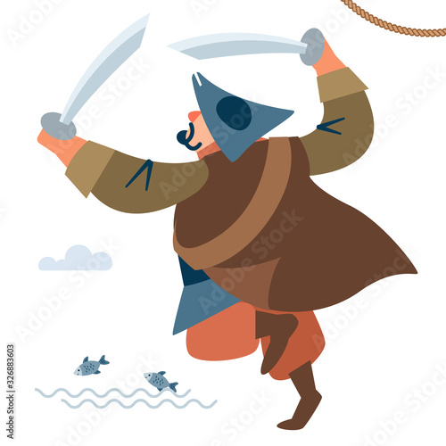Medieval warrior. The big pirate attacks. Rear view. The character of the pirate. Vector illustration of flat cartoon on white background.