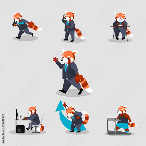 Businessman red panda in different situations, humanized animal cartoon character in a suit at work vector Illustration on a grey background